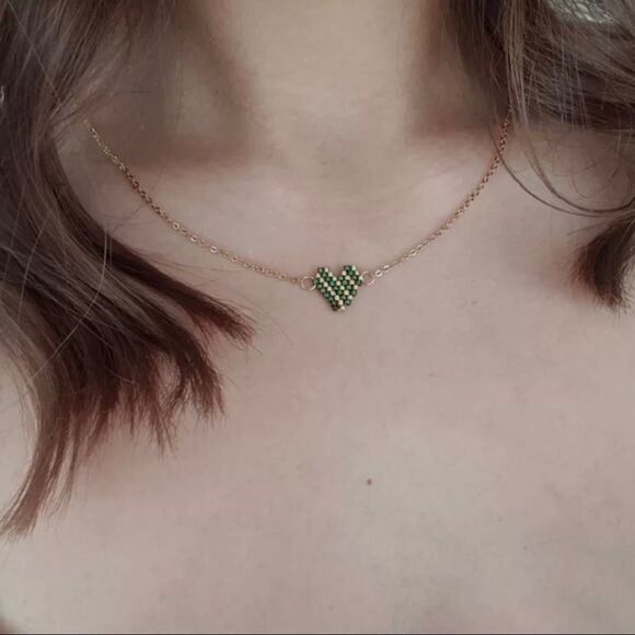 Hand Beaded Gold & Silver Seed Bead Heart Necklace NWT - Picture 6 of 9